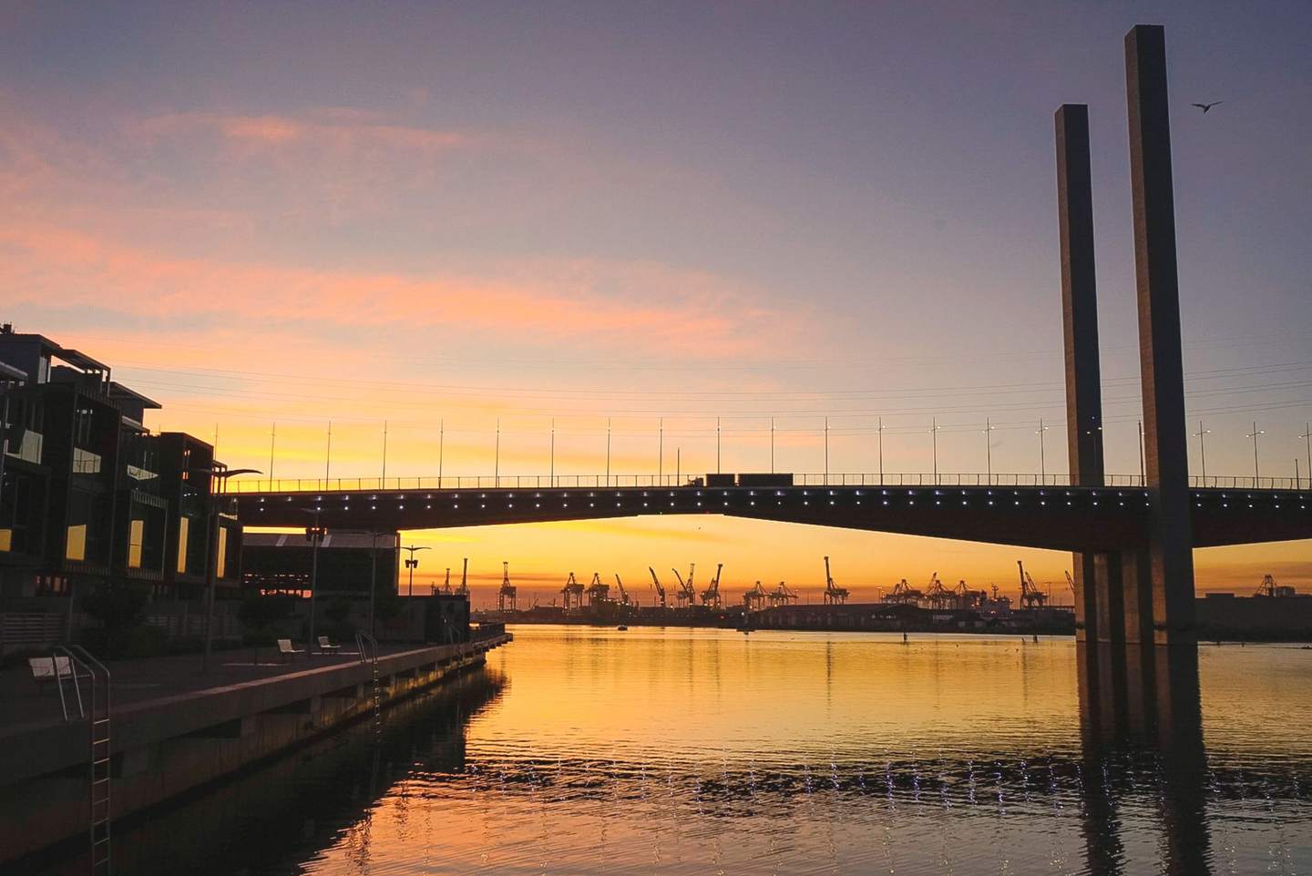 Sunrise over Victoria Harbour at Docklands, the Bolte Bridge crossing the water and port cranes on the far shore.
